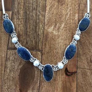 Sodalite, pearl and sterling silver necklace.